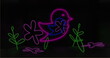 Neon sign showing bird in flight decorates a dark room, casting a colorful glow