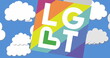 LGBT sign floats in white clouds against a blue sky
