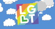 A colorful sign with LGBT letters against blue sky background with white clouds
