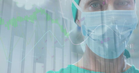 Wall Mural - Caucasian female healthcare professional wearing mask, examining data