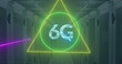 A neon green triangle encloses blue 6G symbol inside a server room