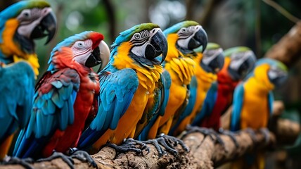 Wall Mural - Tropical Aviary: A Colorful Scene of Parrots Gathered on a Tree Branch, Their Plumage Radiating Vibrant Hues Amidst the Lush Foliage