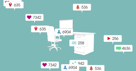 Canvas Print - An empty office chair and desk are surrounded by social media icons and numbers