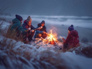 Wall Mural - A group of people are sitting around a fire, roasting marshmallows. Scene is warm and cozy, as the group is gathered together to enjoy the outdoors and each other's company