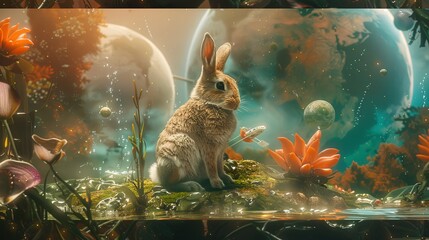 Wall Mural - ai generated illustration of a tiny bunny rests in grass by flowers on an extraterrestrial world