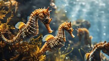 Seahorse Symphony: A Gathering Of Seahorses Gracefully Swimming In The Ocean Depths, Enchanting With Their Delicate Dance