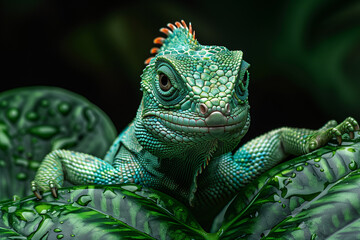 Wall Mural - AI generated illustration of a green Iguana standing on green leaves