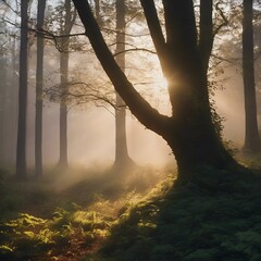 Poster - AI generated illustration of a misty sunset in a forest with an oak tree