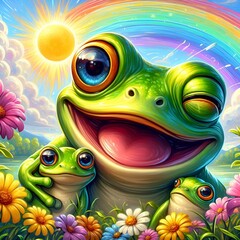 Canvas Print - AI generated illustration of cute frogs on vibrant rainbow background