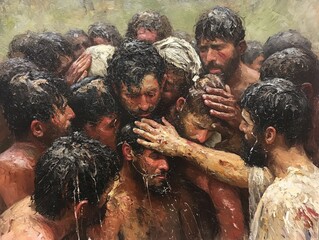 Canvas Print - A painting of a group of men with their hands on each other's heads. The painting is titled 