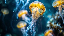 Ocean Ballet: A Group Of Jellyfish Gracefully Swimming In The Depths, Enchanting With Their Ethereal Dance