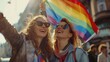 beautiful couples of women at an LGBT march supporting the community with LGBT flags