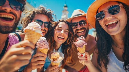 Picture presenting happy group of friends eating ice-cream outdoors