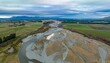 Aerial: Oreti River that flows from the Southern Alps, Mossburn, Southland, New Zealand.