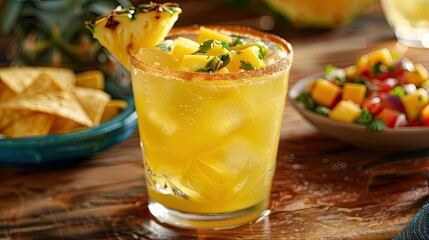 Poster - Indulge in a zesty pineapple and mango margarita that s as refreshing as a summer breeze perfectly paired with crunchy chips and zesty salsa