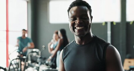 Poster - Break, face or black man in gym with confidence, smile or wellness in fitness workout or bodybuilding. Happy, sweating or exhausted male athlete resting in exercise or training to relax for recovery