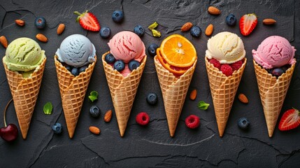 Wall Mural - Various of ice cream flavor in cones blueberry ,strawberry ,pistachio ,almond ,orange and cherry setup on dark stone background . Summer and Sweet menu concept