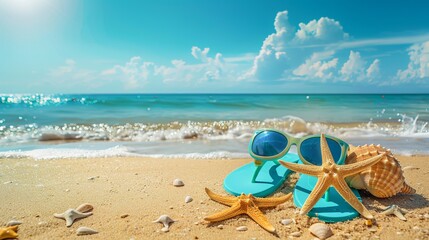 Wall Mural - A vibrant and colorful background set for a summer beach holiday with sunglasses, starfish, and turquoise flip-flops against a sandy tropical beach and a blue sky on a bright sunny day 