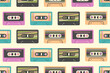 Retro cassette seamless pattern. Vintage audio cassettes in 90s, 80s, 70s style. Various colorful old cassettes to tape recorder. Old school concept. Music background.  Vector illustration