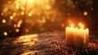 Three lit candles on wooden surface with golden bokeh lights in background