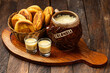 Chicha alcoholic drink and traditional arepas from Boyaca Typical