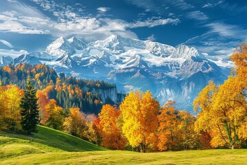 Wall Mural - majestic autumn landscape in the alps with golden foliage and snowcapped peaks created with technology