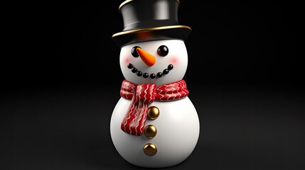 3D rendering of a cute snowman wearing a black top hat and a red and white striped scarf. The snowman has a carrot for a nose and two black eyes.