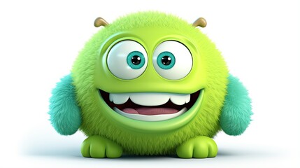 This is a 3D rendering of a cute and friendly green monster. It has big blue eyes, a wide smile, and fluffy green fur.