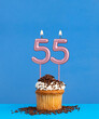 Candle number 55 - Birthday card with cupcake on blue background