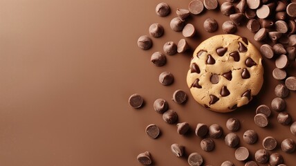 Wall Mural - Chocolate chip cookie surrounded by chocolate chips on brown surface