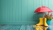 Red umbrella, yellow boots, and plant on blue background