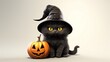 © BozStock - A cute black cat wearing a witch hat is sitting next to a jack-o'-lantern. The cat has big yellow eyes and a fluffy tail.
