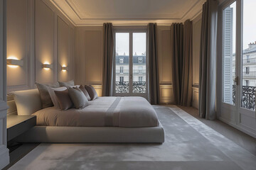 Wall Mural - Luxurious Paris hotel bedroom featuring a large platform bed and soft pastel tones, illuminated by the romantic Parisian evening light.