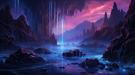 A beautiful landscape with a glowing river running through it. The river is surrounded by tall rocks and mountains, and the sky is a deep purple.