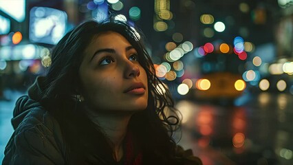 Wall Mural - Young Indian American woman wearing winter clothes sitting at a bus stop on a busy New York city street at night