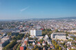 Aerial summer skyline cityscape of Wiesbaden, Hesse, Germany. Wiesbaden Central Station (Hauptbahnhof) on the left.