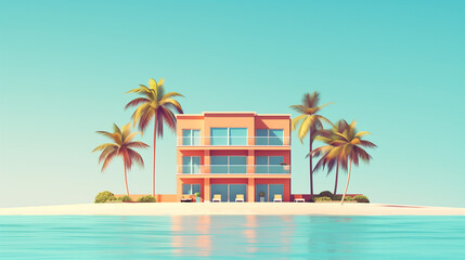 illustrated hotel on an island with palm trees