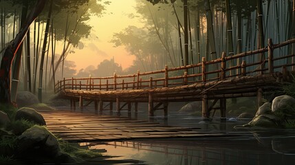 A wooden bridge crosses a river in a bamboo forest. The sun shines through the trees, creating a dappled pattern on the water.