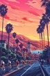 cycling illustration for a race with cyclists in los angeles, action scene with palm trees and hills