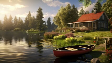 Wall Mural - Small red cabin on the lake. There is a canoe on the shore and a wooden dock. The cabin is surrounded by trees and flowers.