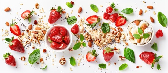 Wall Mural - A healthy food concept featuring breakfast items like muesli, strawberry salad, fresh fruits, and nuts arranged on a white background, captured in a flat lay style from a top view perspective.