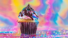 A Vibrant Cupcake Topped With Sugary Icing And Scrumptious Chocolate Set Against A Colorful Backdrop