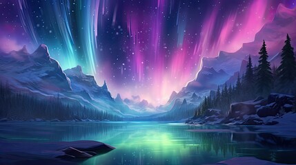the image is a beautiful landscape of a frozen lake in the mountains. the sky is dark, and the auror