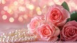 A charming ensemble of pink roses elegantly paired with pearls set against a dreamy pastel backdrop with a touch of abstract blur This delightful composition is perfect for weddings exuding