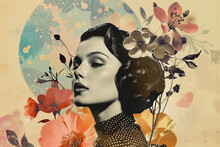 Portrait Of Elegant Beautiful Young Woman, Lady Dressed In 50s Style, Collage With Retro Concept