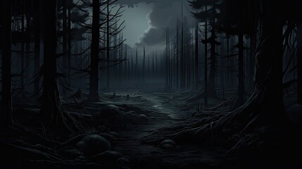 Wall Mural - A dark and mysterious forest with a full moon shining through the trees.