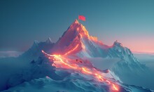 A Mountain With A Red Flag On Top And Red Line Of Fire Coming Down The Side