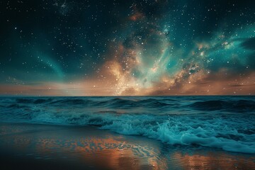 a beautiful ocean view with a starry sky in the background
