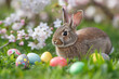 A Hop into Spring: A Curious Bunny Rabbit Amidst a Kaleidoscope of Easter Eggs.