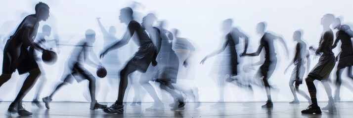 a long exposure photograph of multiple people basketball players, motion blur